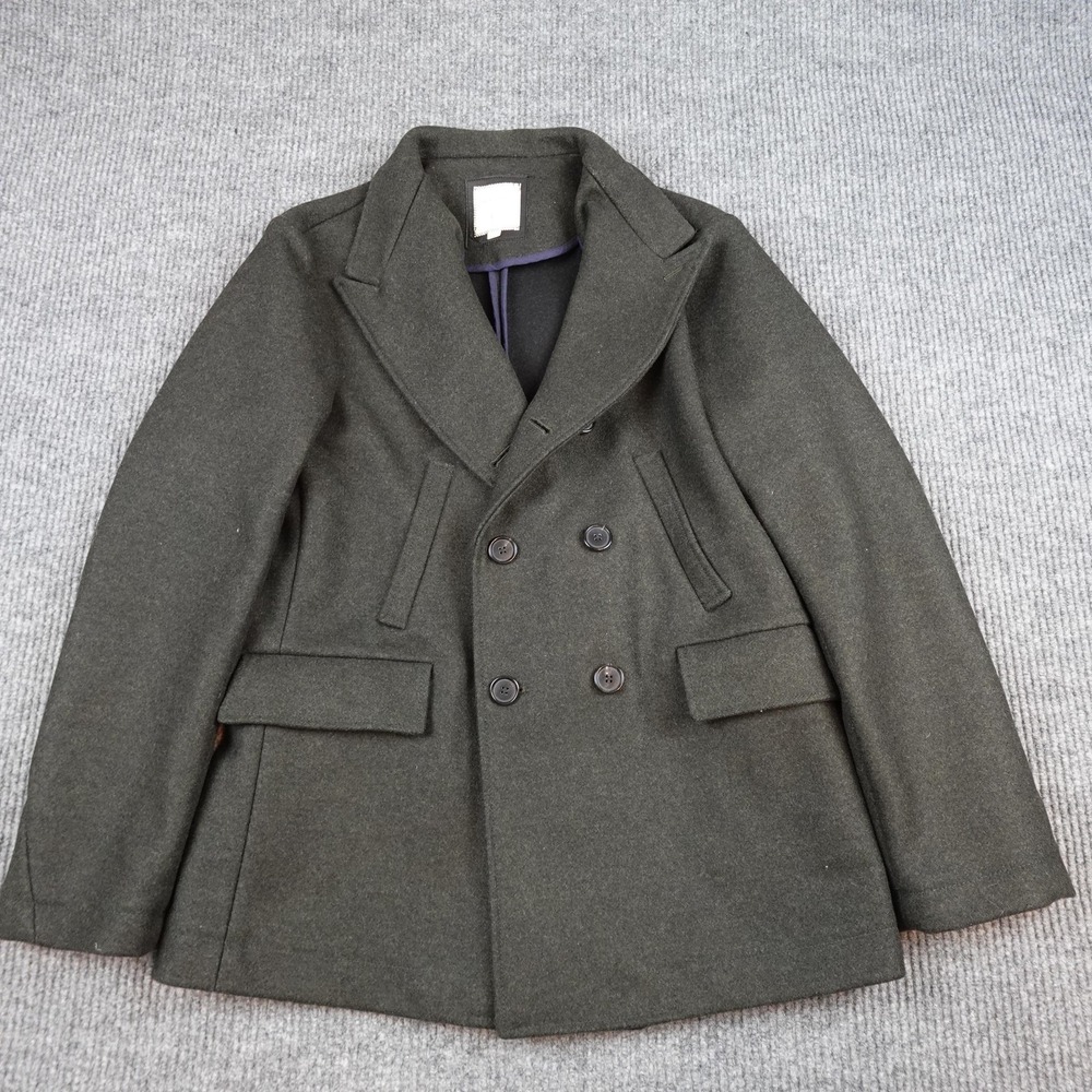 Billy Reid Pea Coat Mens Large Green Wool Double Breasted Winter Italy Short